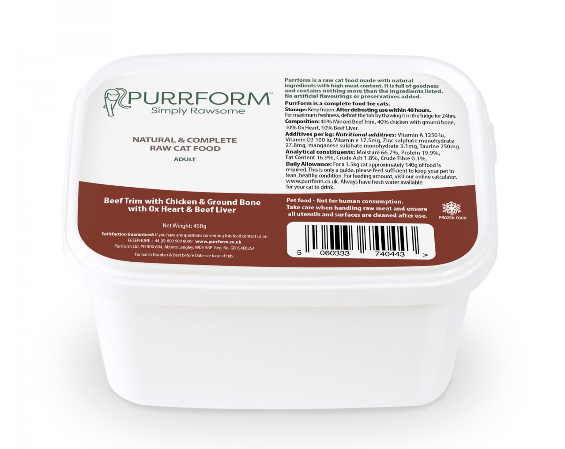 Purrform Beef Trim with Chicken, Ground Bone, Ox Heart and Beef Liver 450g