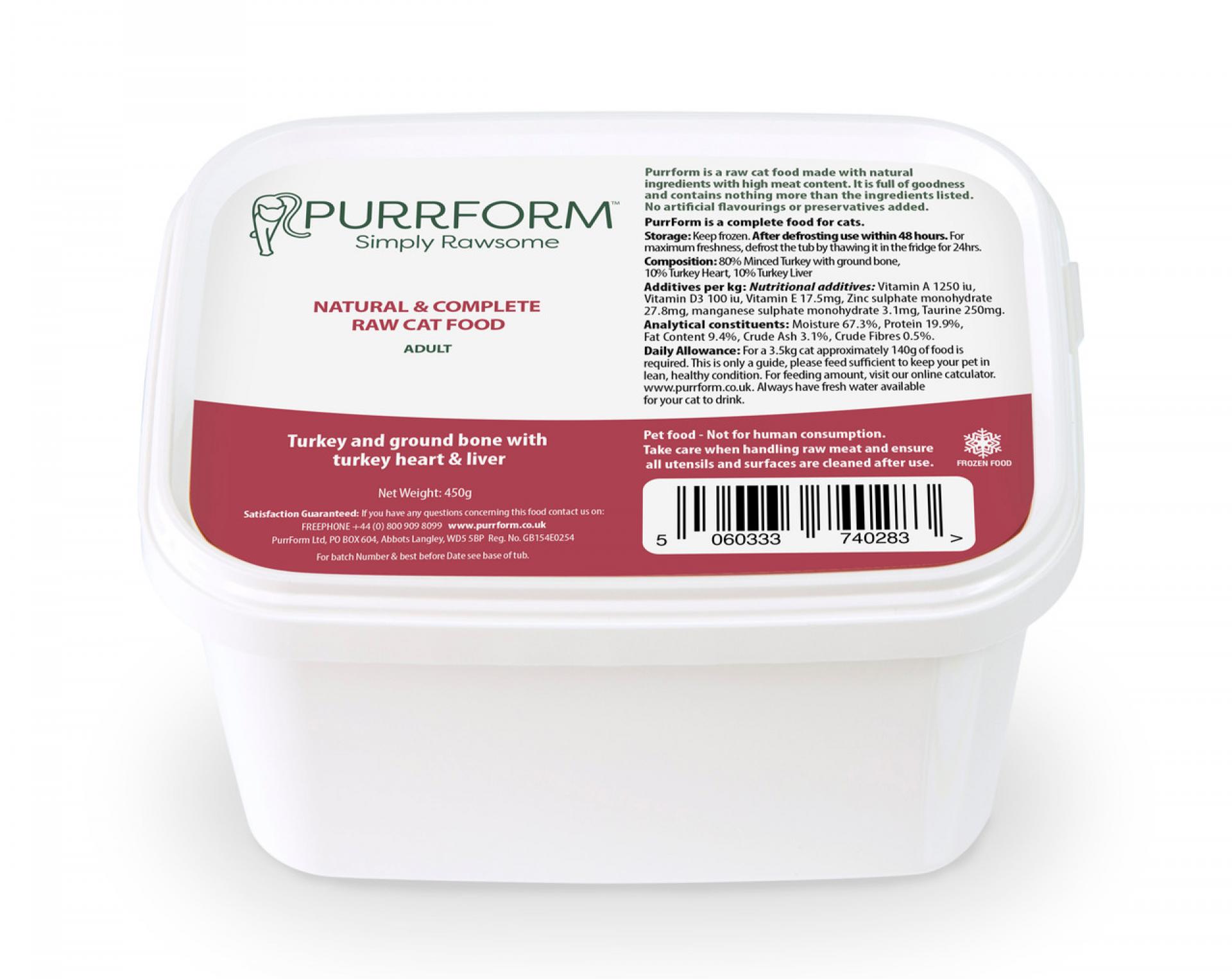 Purrform Turkey, Ground Bone, Turkey Heart & Liver 450g