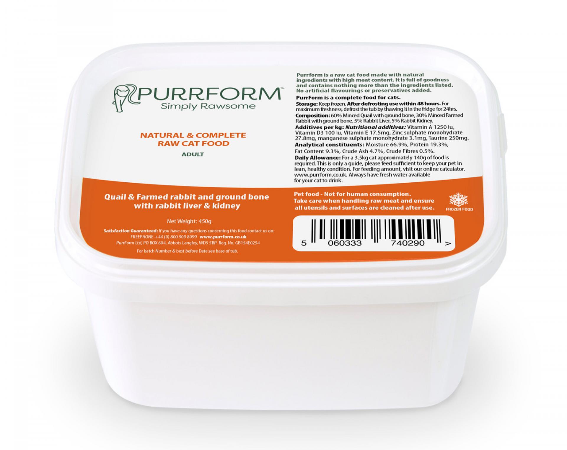 Purrform Quail & Farmed Rabbit with Ground Bone, liver and Kidney 450g